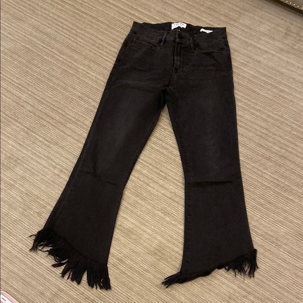 Frame Denim Black Flare Jeans with Fringe